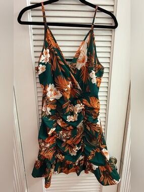 SHEIN Forest Green Tropical  Mini Dress with Orange Floral Print Size XL